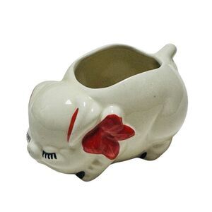 Shawnee Vintage American Bisque PIG Open Sugar Bowl/ Planter Red Bow